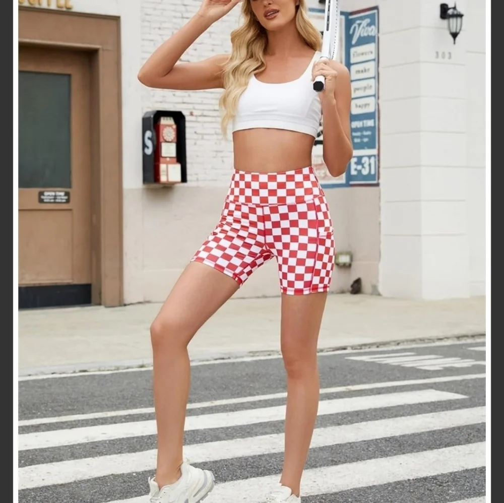 Red and White Checkered Women's High Waisted Athletic Shorts With Pockets - Picture 2 of 3